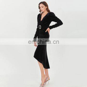 TWOTWINSTYLE Elegant Dresses For Women V Neck Long Sleeve High Waist With Belt Slimming Ruched Patchwork photo-5