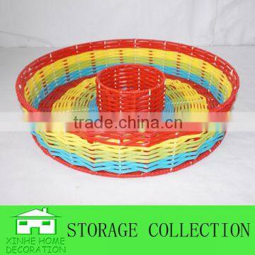 round colorful woven plastic bread trays