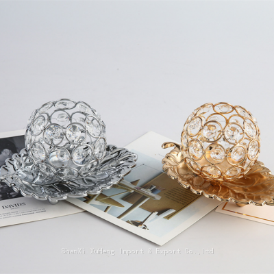 Wedding Gold Leaf Candle Holder Round Small Metal Crystal Ball Tealight Candle Stick Holder Light Table Centerpieces photo-2