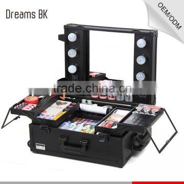 Fashion aluminum portable cosmetic case ,rolling makeup case with lights