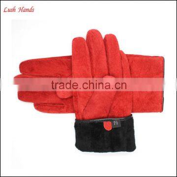 Basic and Classic Ladies Red Sheep Suede Gloves With Black Button photo-5