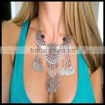 Silver Boho Turkish tassle coin statement fashion necklace jewelry tribe coin gem necklace