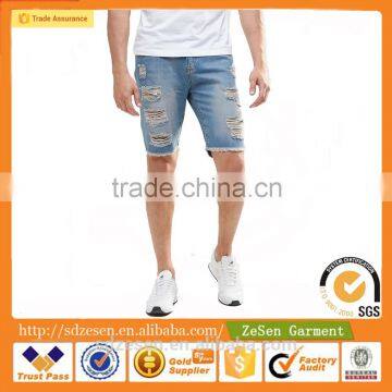 100% Cotton Wholesale Men Slim Denim Jeans Shorts Extreme Ripped Detail In Mid Wash