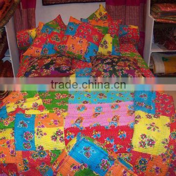 Multi Coloured~TRADITIONAL KANTHA WORK INDIAN BEDDING SET