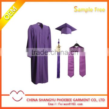 Purple graduation gown cap with tassels and stole