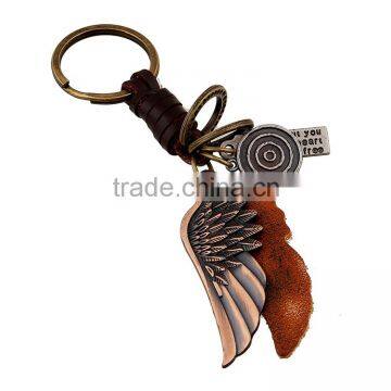 new fashion custom metal genuine leather angel wings keychain