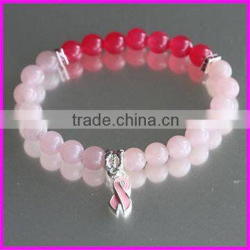 KJL-BD5083 Hot style! China Wholesaler gem pink stone bead bracelet Charm ribbon breast cancer Awareness Stretch bracelet