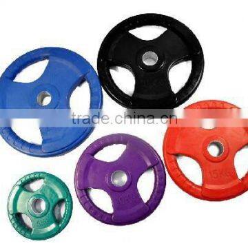 colorful Rubber covered disks/weight plates with 3 holes