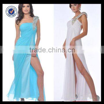 New Design Wholesale Custom Made Long Sexy One-shoulder Beaded Sky Blue Chiffon Split Leg Cocktail Dress C0069