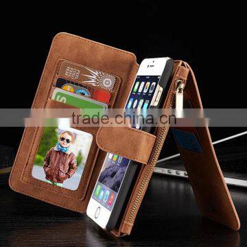 Geniue Leather Wallet Phone Case Stand with card slot and Zipper for iPhone 6 6S 4.7" 6 Plus 5.5"