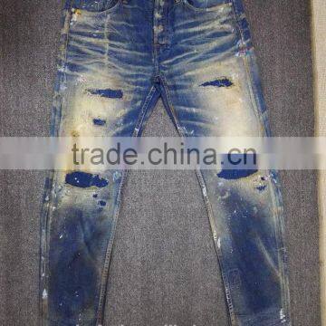 Custom High quality vintage wash distressed Japanese selvedge jeans denim selvedge denim jeans (LOTV026)