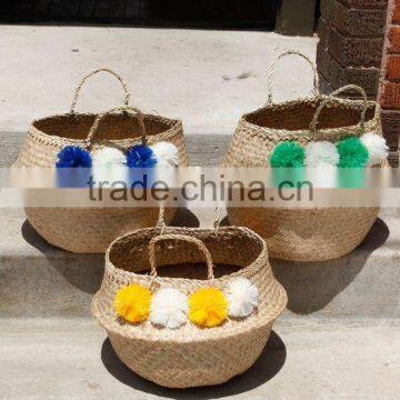 Colorful pompom seagrass beach bag with handle