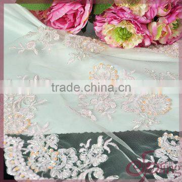 Pink elegant floral embroidery sequined beaded lace fabric for bridal lace dress