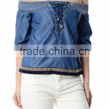 Latest Design off Shoulder Smocking Chambray Woman Tops photo-3