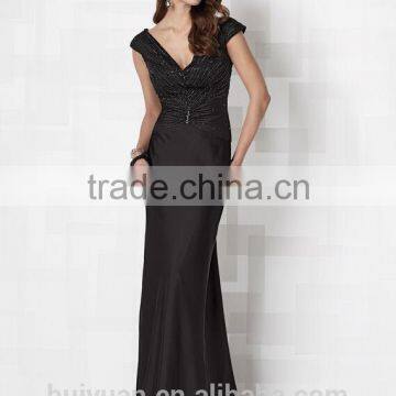 black satin beaded v neck cap sleeve wedding guest dresses