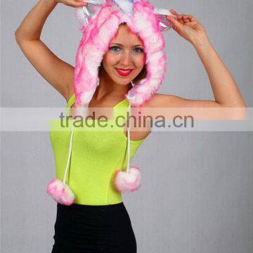 Fashionable top sell High quality animal hood hats with pom ear flaps