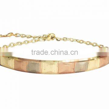 Three Tone Plated Bangle Bracelet With Extension Link Chain