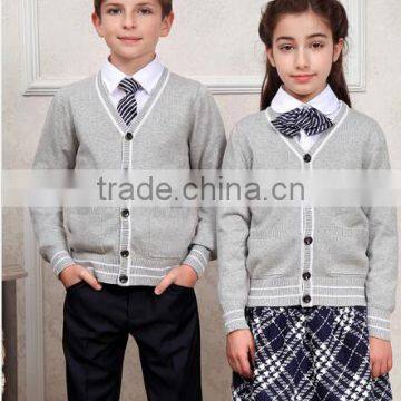 2016 high quality long sleeve V neck pockets buttoned kids shool uniform sweater