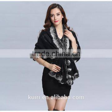 2016 New Design Woman Knitted Shawls With Rex Rabbit Fur Poms Figure Lady Cappa photo-6