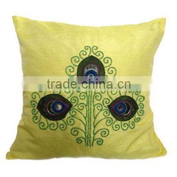 Yellow Pillow Cover With Peacock Feathers,Thread-Work Toss, Decorative Pillow Cover, Couch Bed Pillow