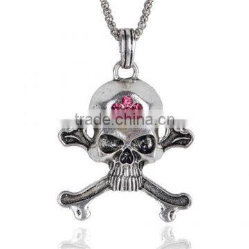 Jewelry Chain Necklace Skull Halloween Pendant Antique Silver Fuchsia Cubic Zirconia 70cm