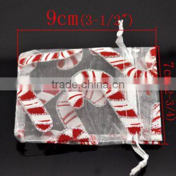 White Christmas Candy Cane Pattern W/Draw String Organza Wedding Gift Bags &Pouches photo-3