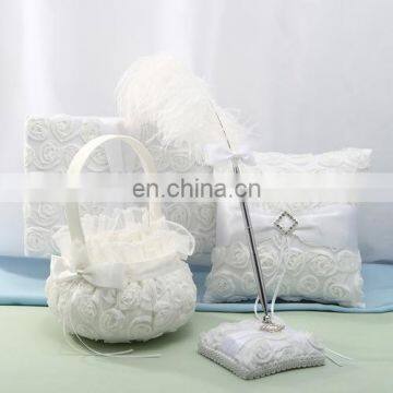 White Rose flower wedding guest book /pen holder/ring pillow/flower basket set wedding table decoration