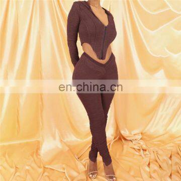 Long Sleeve Solid Cardigan Hooded Top Sexy Low Neck Bellybutton Tight Pants Stacked Suit Women Two Piece Set photo-5