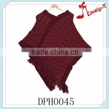 Wholesale latest design women crimson shining crochet knit women pullover poncho sweater