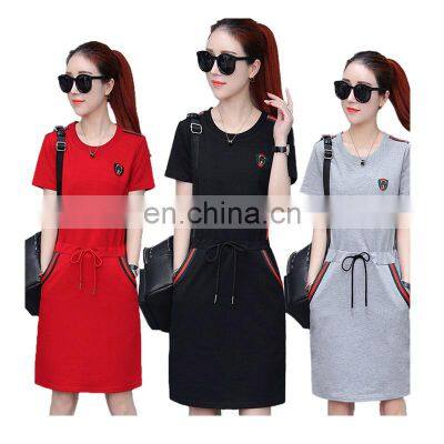 Factory source stock large size women's dress with waist slimming slimming mid-length fashion short-sleeved dress