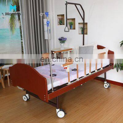 Wood Folding Back Lift Homecare Single Function Mobility Hospital Medical Nursing Bed with Mute Castors Over Bed Pole Hoist