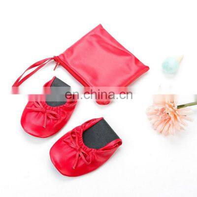 High Quality PU Leather Roll  Up  Ballerina Shoes Foldable Ballet Shoes With Carrier Pouch Bag