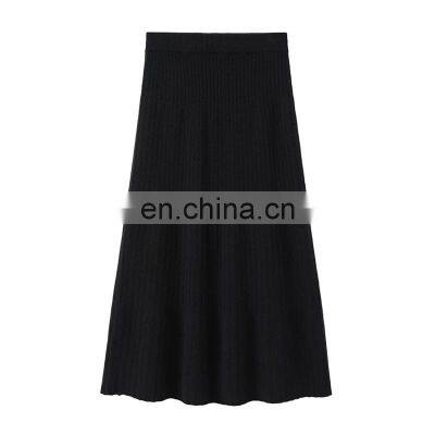 Newest Elegant A-Line Pleated Rib Knitted Cashmere Skirt Solid Design with Natural Waist Sustainable Woolen Yarn Dyed Fabric