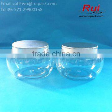 250ml clear PET cream jar with aluminum cap, transparent round facial cream container