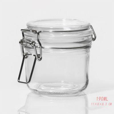 Glass jar for powdery substances, 190ml, 200ml, 250ml, with a buckle lock, transparent glass material