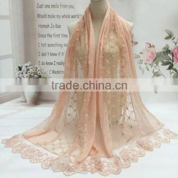 Latest Beautiful Charm Lace Pattern Plain Cotton Muslim Embroidery Scarf