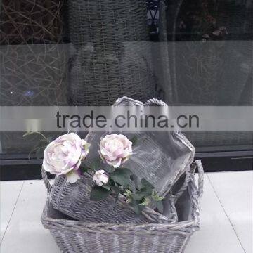 willow flower basket with handle and plastic lining for 3 pcs