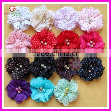 Rhinestone pearl center fabric chiffon hair flower, polka dot printed chiffon rhinestone flower, 2" chiffon flower