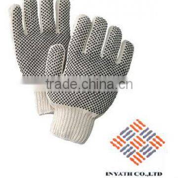 Medium Weight Polyester/Cotton Ambidextrous String Gloves With Knit Wrist And Double Side Black PVC Dot Coating