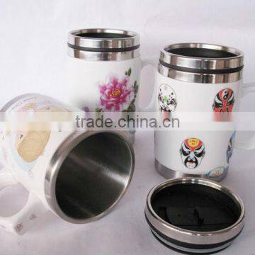 16 OZ Ceramic Shell Coffee Mug with Silver tone Push Lid