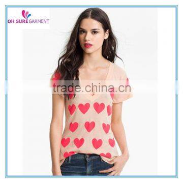 100% cotton womens t shirt with heart printing, custom t shirt