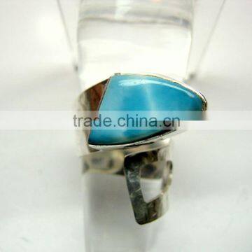 Larimar Cabochon Sterling Silver Jewelry, Designer Fashion Hammered Jewelry, Dominic Republic Blue Larimar Cabochon Ring