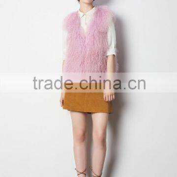 Baby Pink Wholesale Short Tibet Lamb Sheepskin Fur Soft Hair Fur Vest