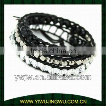 Black Silver Bead Leather Wrap Bracelet