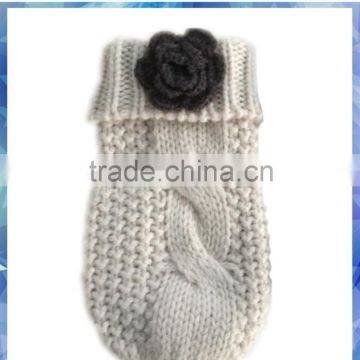 Kids Beige Cable Cotton Knitted Gloves Mitten With Crochet Flower photo-2