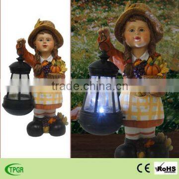 Polyresin children girl statue harvest festival decorations solar led lantern