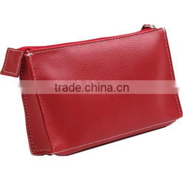 wholesale read leather zipper pouch cosmetic bag