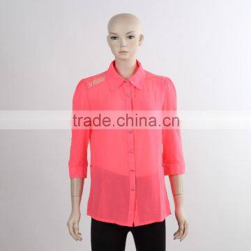 F5S11063 Women Blush Lace Yoke Long Line Shirts