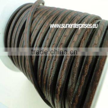 Flat Nappa Leather cords - Italian Leather - Stitched Brown- 14mm