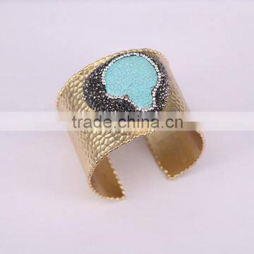 Fashion Metal Brass Gold Plated Bangles, Natural Turquoise Gem stone Bangles, with Pave Crystal Druzy Bangles